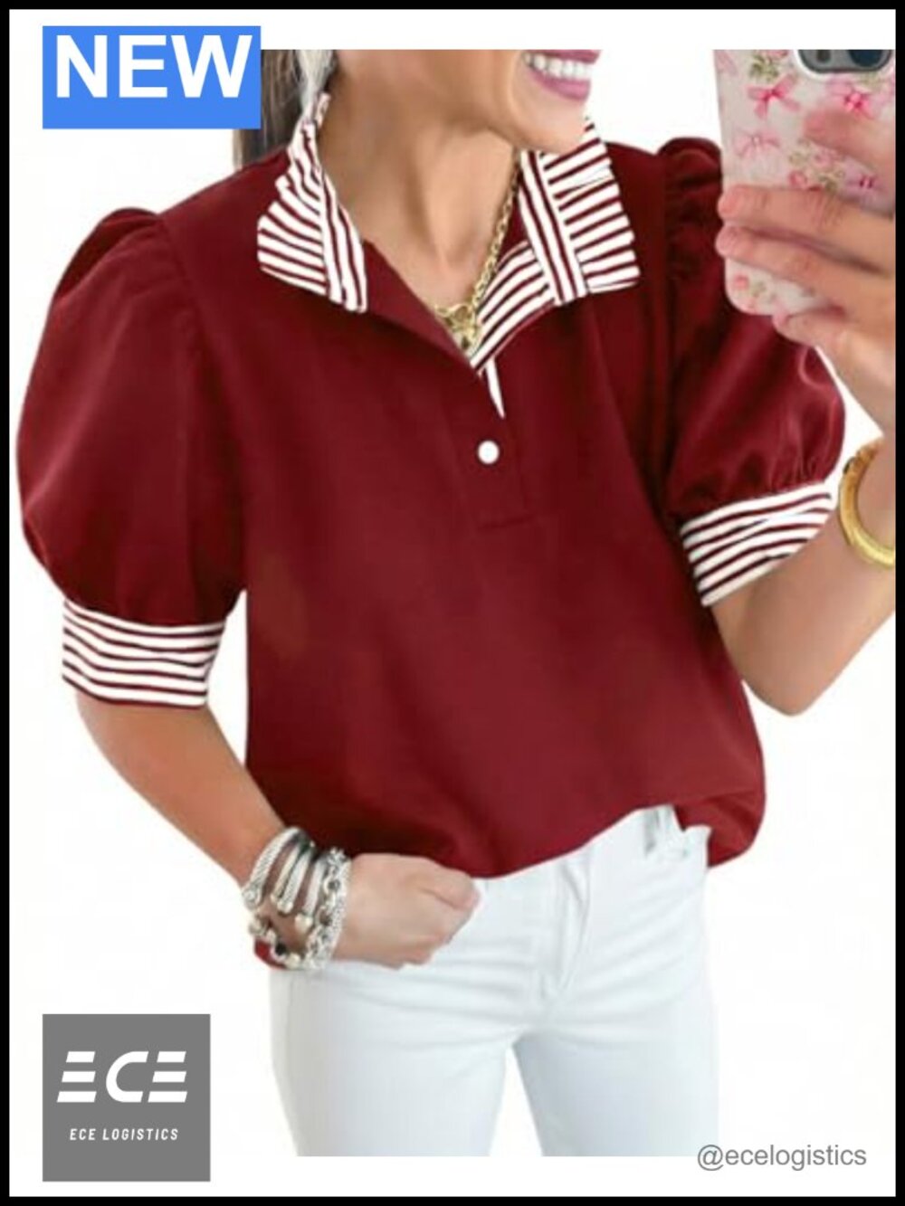 Womens V Neck Puff Sleeve Striped Polo Blouse Loose Fit Casual Top